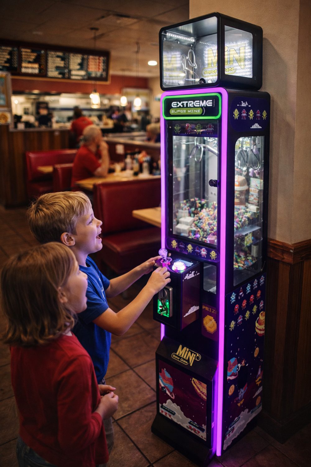 Kids playing a Buffalo Claw Co. machine in a local restaurant